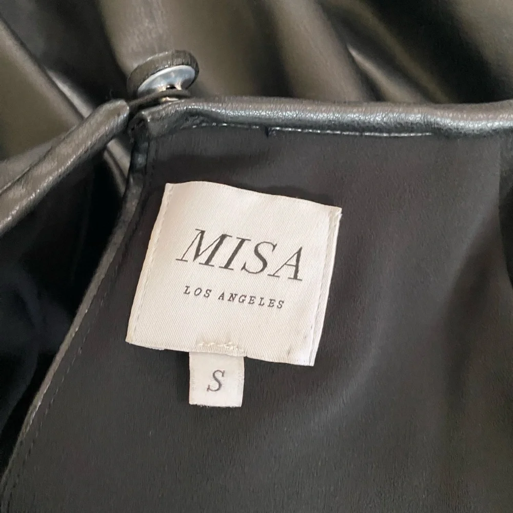 MISA LOS ANGELES Elegant Black Vegan Faux Leather Ruffled Dress S - Picture 6 of 10